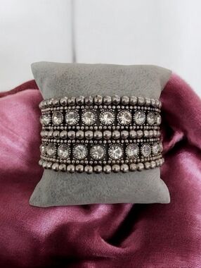 Wide Silver Tone Rhinestone Stretch Bracelet | Vintage-Inspired Statement Cuff